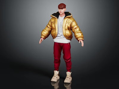 Stylish 3D Character With Golden Puffer Jacket White Inner Shirt Red Pants And Beige Shoes 3d model