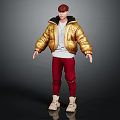 Stylish 3D Character With Golden Puffer Jacket White Inner Shirt Red Pants And Beige Shoes