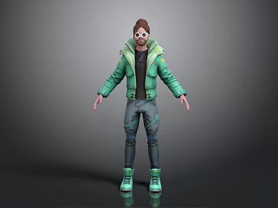 3D Animated Character In Green Jacket With Brown Hair Goggles Dark Pants Green Shoes 3d model