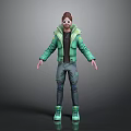 3D Animated Character In Green Jacket With Brown Hair Goggles Dark Pants Green Shoes