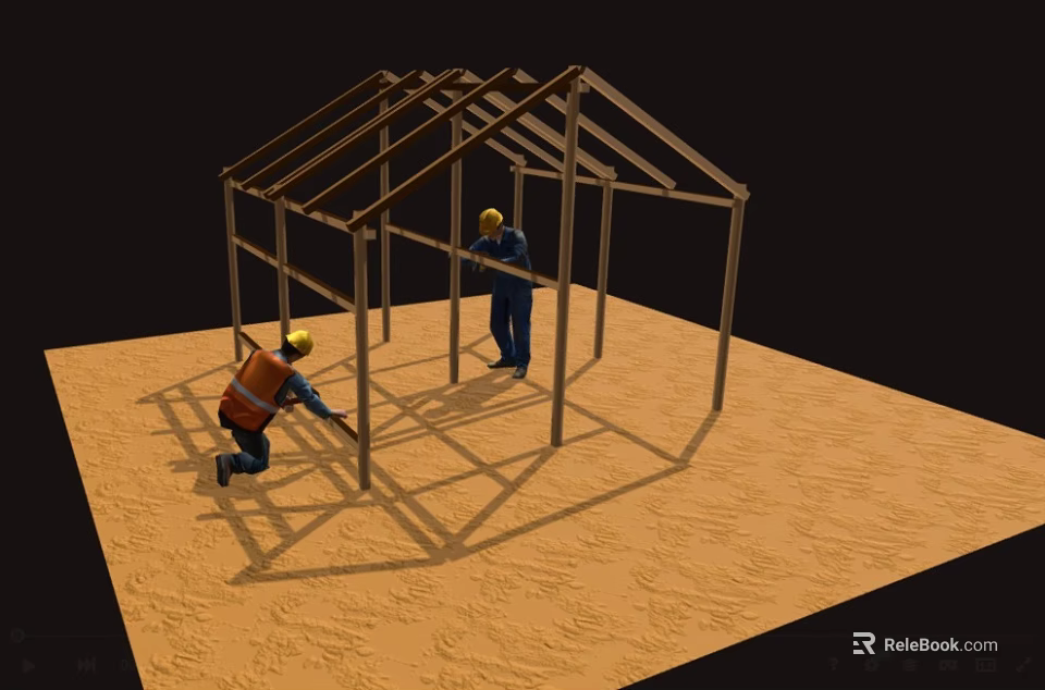 Modern Construction Workers Building Metal Frame Structure On Sandy Ground 3d model 