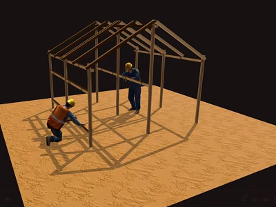 Modern Construction Workers Building Metal Frame Structure On Sandy Ground 3d model