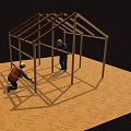 Modern Construction Workers Building Metal Frame Structure On Sandy Ground