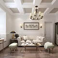 Elegant Classic Living Room With Chandelier Cream Sofa Fireplace Wooden Floor And Wall Art