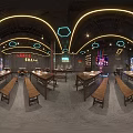 Podek Restaurant Modern Interior With Hexagonal Ceiling Lights And Wooden Long Tables 3d model