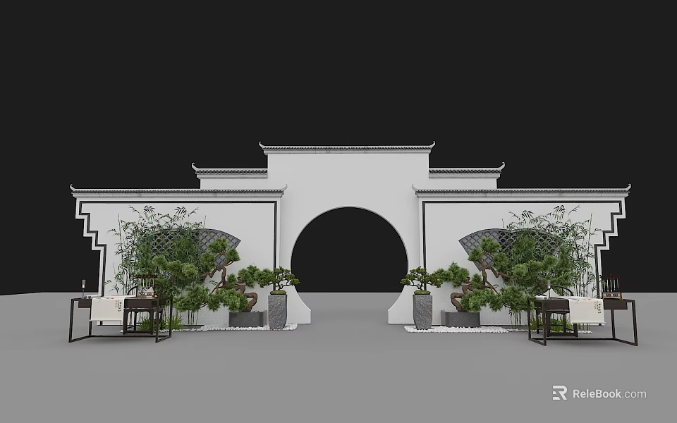 Traditional Chinese Archway With White Architectural Structure Arched Doorway Decorative Green Plants And Tables 3d model 