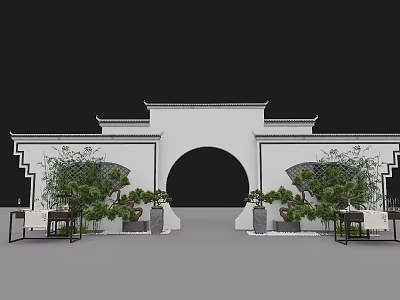 Traditional Chinese Archway With White Architectural Structure Arched Doorway Decorative Green Plants And Tables 3d model