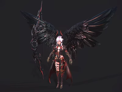 Game Character With Black Wings White Hair Bow And Red Black Outfit 3d model