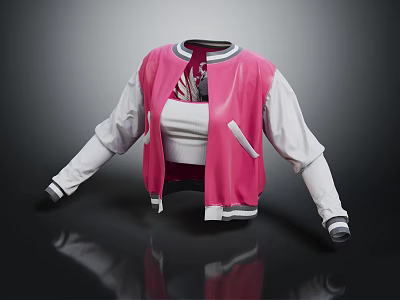 Stylish Pink And White Varsity Jacket With Contrast Sleeves Crop Top And Front Pocket 3d model