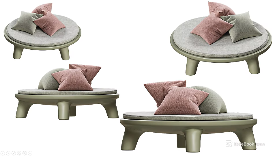 Modern Round Stool with Curved Legs Soft Cushion and Pink Pillows 3d model 