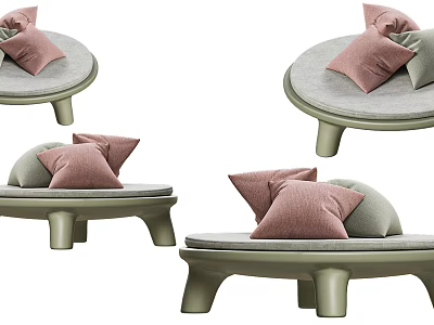 Modern Round Stool with Curved Legs Soft Cushion and Pink Pillows 3d model