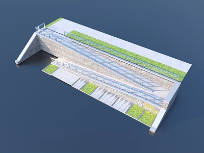Modern Sloped Structure with Green Roof Stone Material and Steps with Railings 3d model