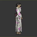 Women Wearing Traditional Kimono With Pink Floral Pattern And Black Obi Front Back View