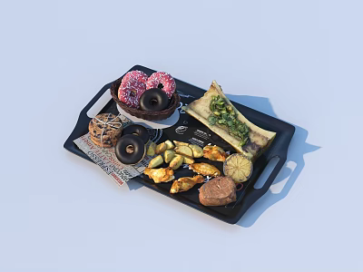 Assorted Food Platter With Donuts Cookies Spring Rolls Fried Snacks And Lemon Slices 3d model