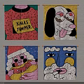 Four Cartoon Wall Art Pieces With XMAS Elements And Various Fun Patterns Hanging On Wall
