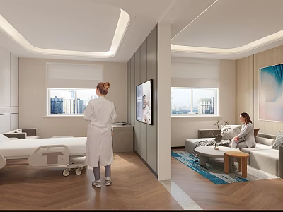 Medical Ward Interior With Healthcare Staff Patient TV Sofa Window And City View 3d model