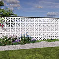 Perforated Decorative Wall with Butterfly Decorations and Flower Plants on Green Lawn Under Blue Sky