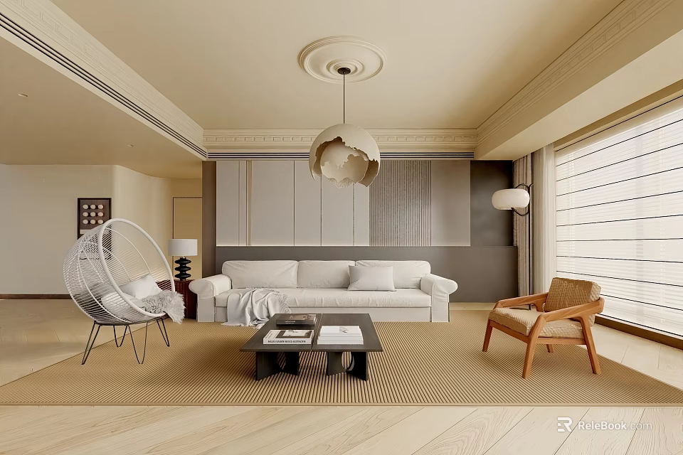 Modern Living Room Interior With White Sofa Wooden Coffee Table Pendant Light And Armchair 3d model 