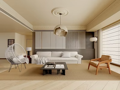 Modern Living Room Interior With White Sofa Wooden Coffee Table Pendant Light And Armchair 3d model