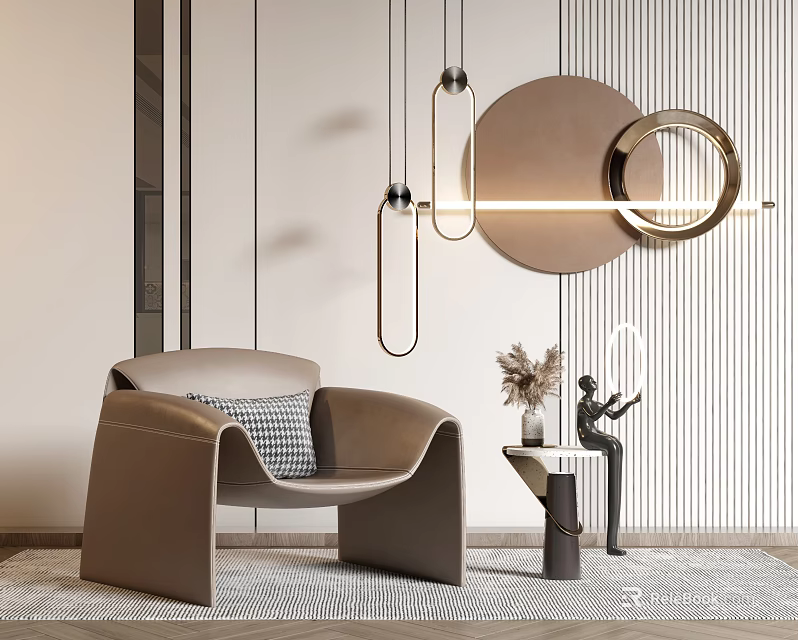 Modern Brown Leather Single Sofa With Side Table Decorative Statue Hanging Lamp And Round Mirror 3d model 