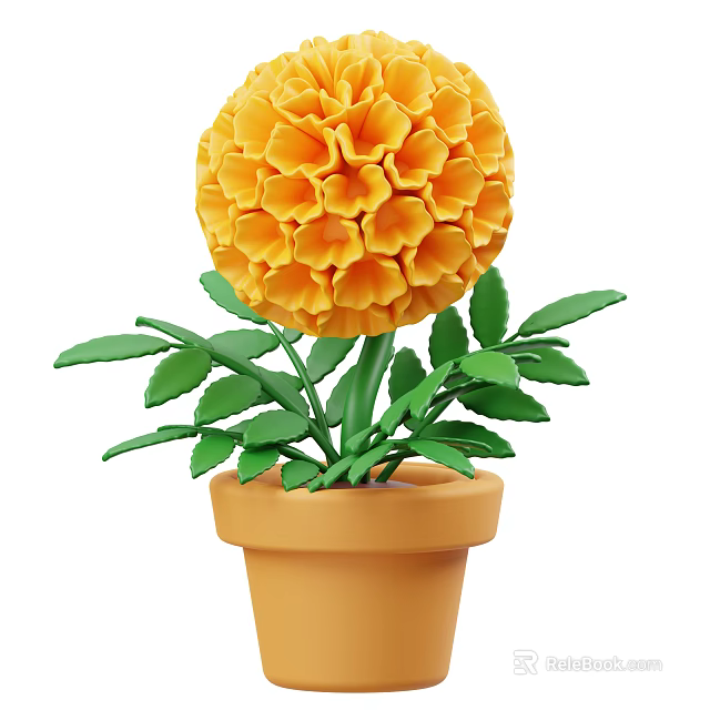 Vibrant Yellow Spherical Flower with Lush Green Leaves in Terracotta Pot 3d model 