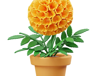 Vibrant Yellow Spherical Flower with Lush Green Leaves in Terracotta Pot 3d model