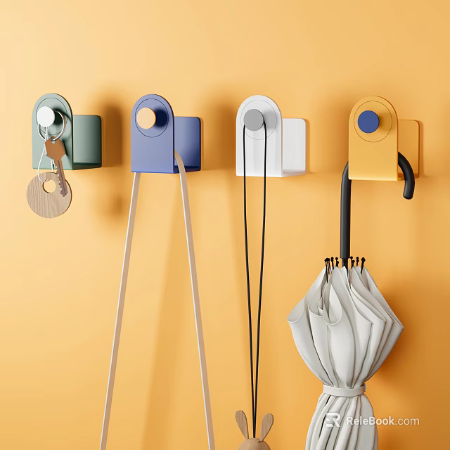 Colorful Wall Hooks On Orange Background For Hanging Keys Umbrella And Items 3d model 