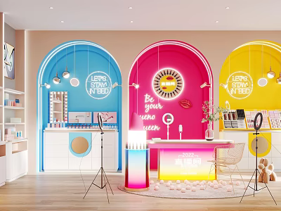 Modern Public Office Space With Colorful Arch Designs Neon Signs And Workstations 3d model