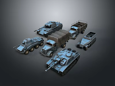 Vintage Military Tanks And Armored Vehicles Collection With Blue Armored Vehicle Models 3d model
