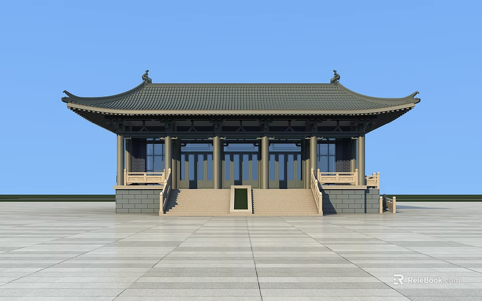 Ancient Chinese Architecture with Overhanging Eaves Tiled Roof Wooden Pillars and Stone Steps 3d model 