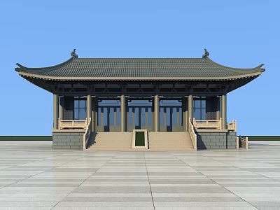 Ancient Chinese Architecture with Overhanging Eaves Tiled Roof Wooden Pillars and Stone Steps 3d model