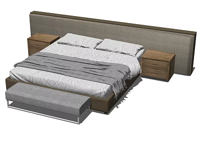 Double Bed with Gray Headboard Wooden Nightstands and Footstool White Pillows Gray Blanket 3d model