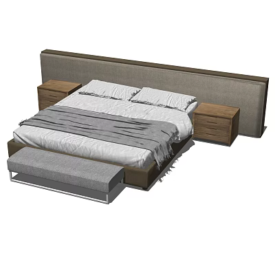 Double Bed with Gray Headboard Wooden Nightstands and Footstool White Pillows Gray Blanket 3d model