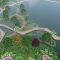 Lush Waterfront Landscape With Lake Green Spaces Walking Paths Bridge Circular Plaza And Trees