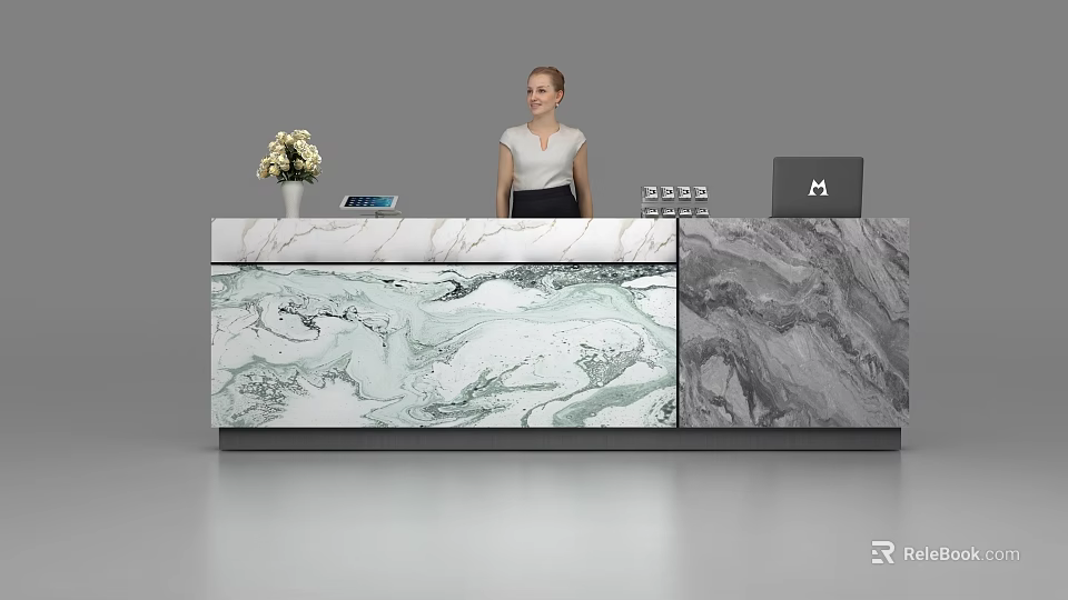 Modern Reception Desk With Green Gray Marble Pattern Vase White Flowers Tablet And Laptop 3d model 