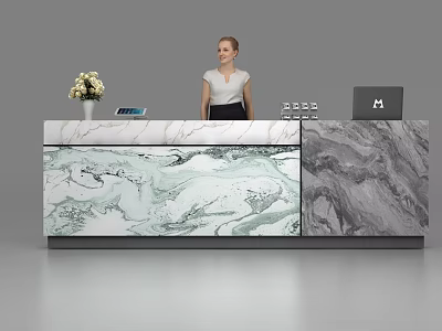 Modern Reception Desk With Green Gray Marble Pattern Vase White Flowers Tablet And Laptop 3d model