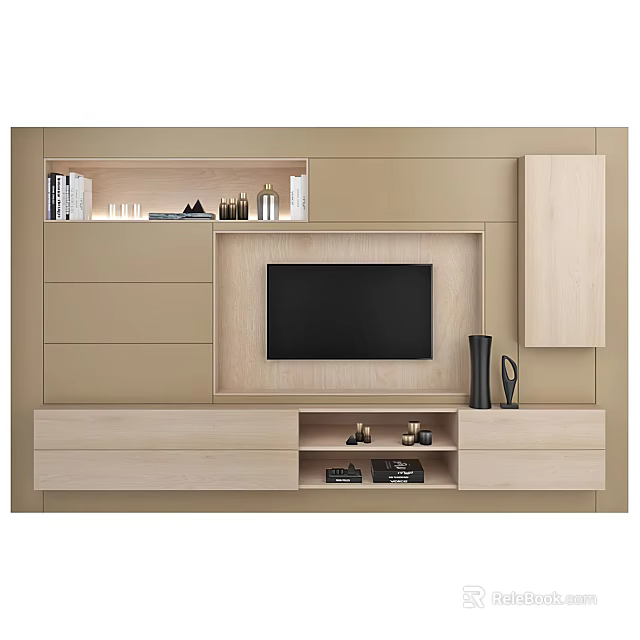 Modern Beige Light Wood TV Cabinet with Built in TV Open Shelves and Storage Compartments 3d model 