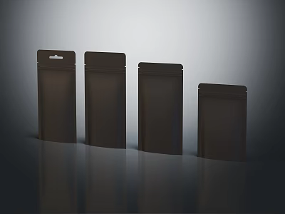 Four Black Stand Up Pouches In Size Order On Grey Gradient With Reflective Surface 3d model