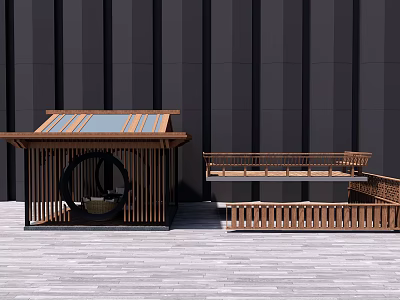 Outdoor Wooden Pavilion With Solar Panel Roof Circular Opening And Wooden Railings Platform 3d model