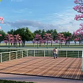 Waterfront Landscape Featuring White Umbrella Like Structures People Pink Flowering Trees Benches And Geometric Paving