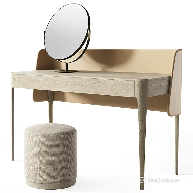 Modern Minimalist Dressing Table With Round Mirror And Beige Upholstered Ottoman 3d model 