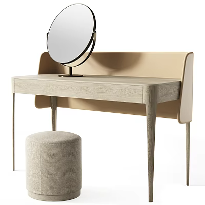 Modern Minimalist Dressing Table With Round Mirror And Beige Upholstered Ottoman 3d model