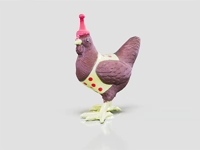 Purple Hen Toy Wearing Pink Hat And Yellow Apron With Red Polka Dots 3d model