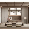 Traditional Japanese Tea Room With Wooden Ceiling Lattice Screen Tatami Mats And Tea Set