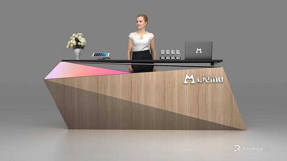 Modern Wooden Reception Desk With Geometric Shape Laptop Flower Vase Receptionist And MENU Logo 3d model 