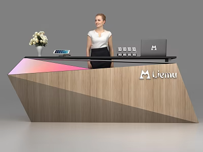 Modern Wooden Reception Desk With Geometric Shape Laptop Flower Vase Receptionist And MENU Logo 3d model