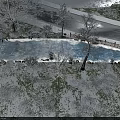 Serene Snowy Garden Landscape With Traditional Houses Trees And Snow Covered Path