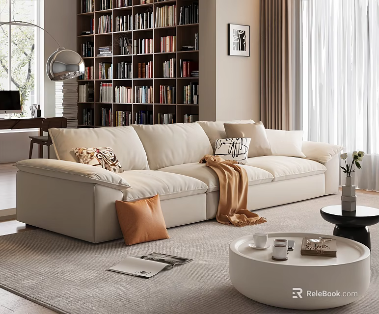 Light Beige Sofa Set in Living Room Interior with Decorative Pillows Throw Blanket and Bookshelf 3d model 