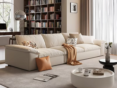 Light Beige Sofa Set in Living Room Interior with Decorative Pillows Throw Blanket and Bookshelf 3d model