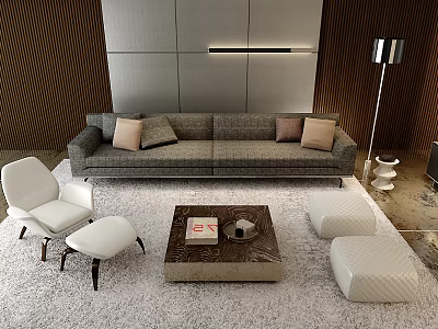 Modern Gray Sofa Set With Throw Pillows White Chairs Ottomans Coffee Table And Floor Lamp 3d model
